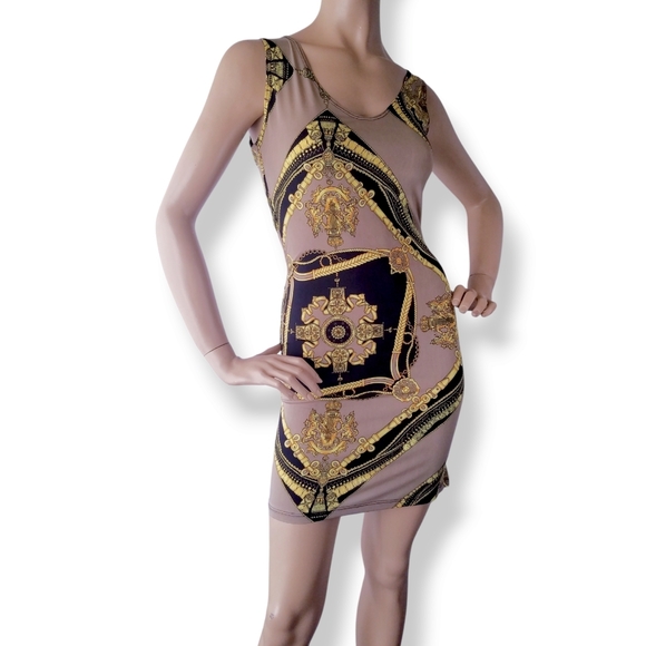 Versace Inspired Black, Beige & Gold Bodycon Dress by Pink Polkadot Size Small - Picture 6 of 8